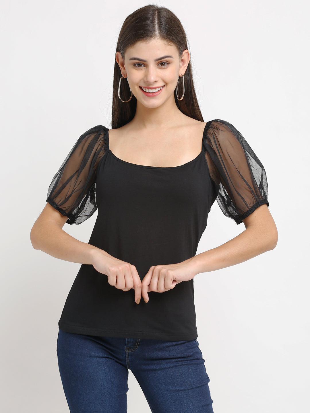 Women Slim-Fit Puffed Illusion Sleeves Black Top