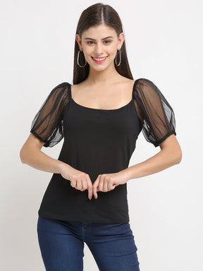 Women Slim-Fit Puffed Illusion Sleeves Black Top