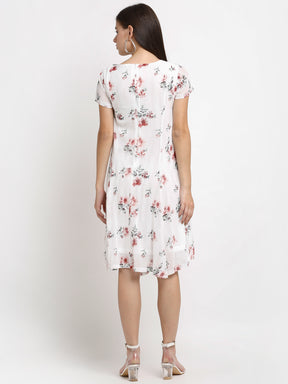 Women Floral Print Knee Length White Dress