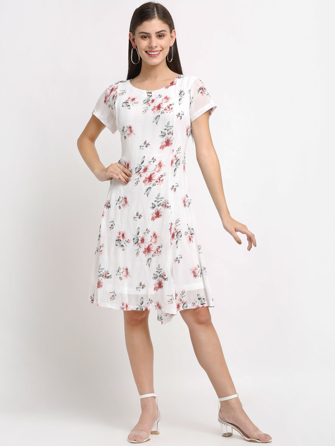 Women Floral Print Knee Length White Dress