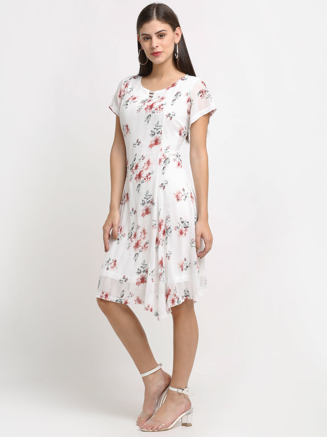 Women Floral Print Knee Length White Dress