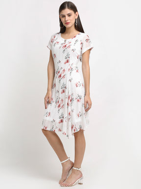 Women Floral Print Knee Length White Dress