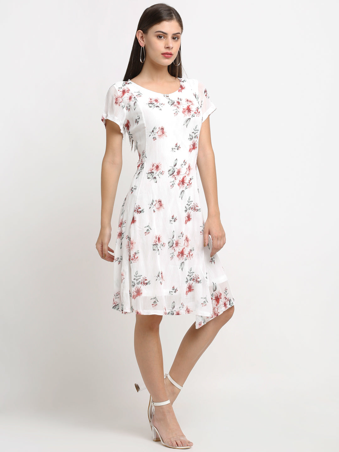 Women Floral Print Knee Length White Dress