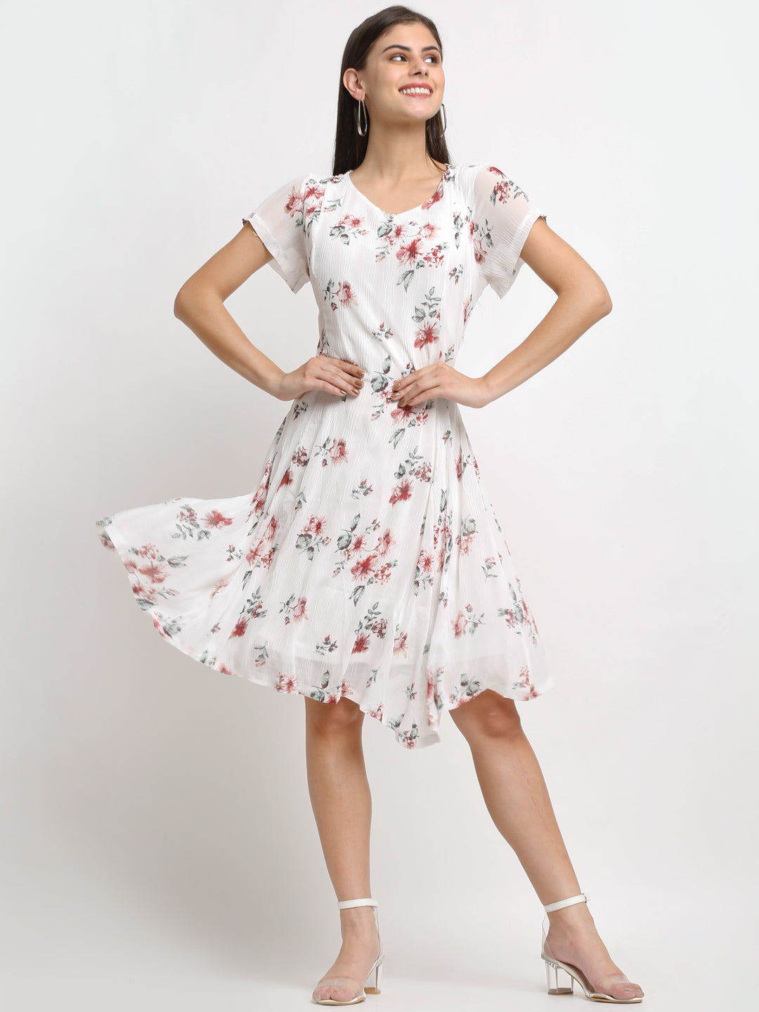 Women Floral Print Knee Length White Dress