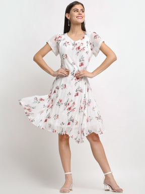 Women Floral Print Knee Length White Dress