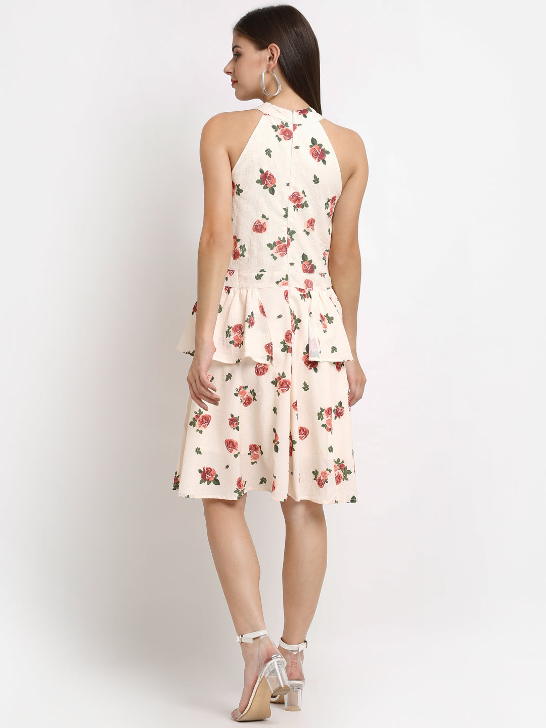 women halter neck floral printed layered white dress