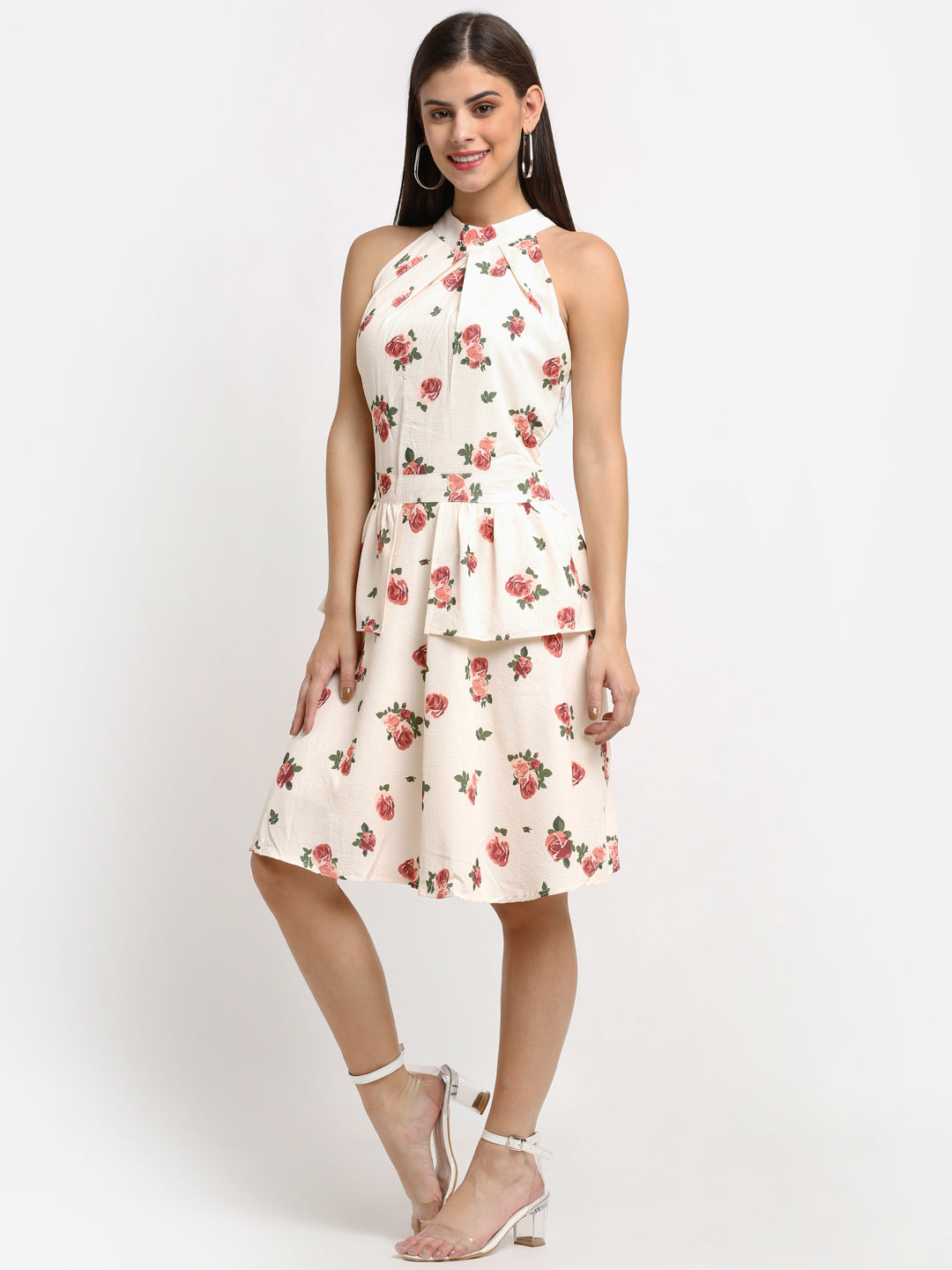 women halter neck floral printed layered white dress