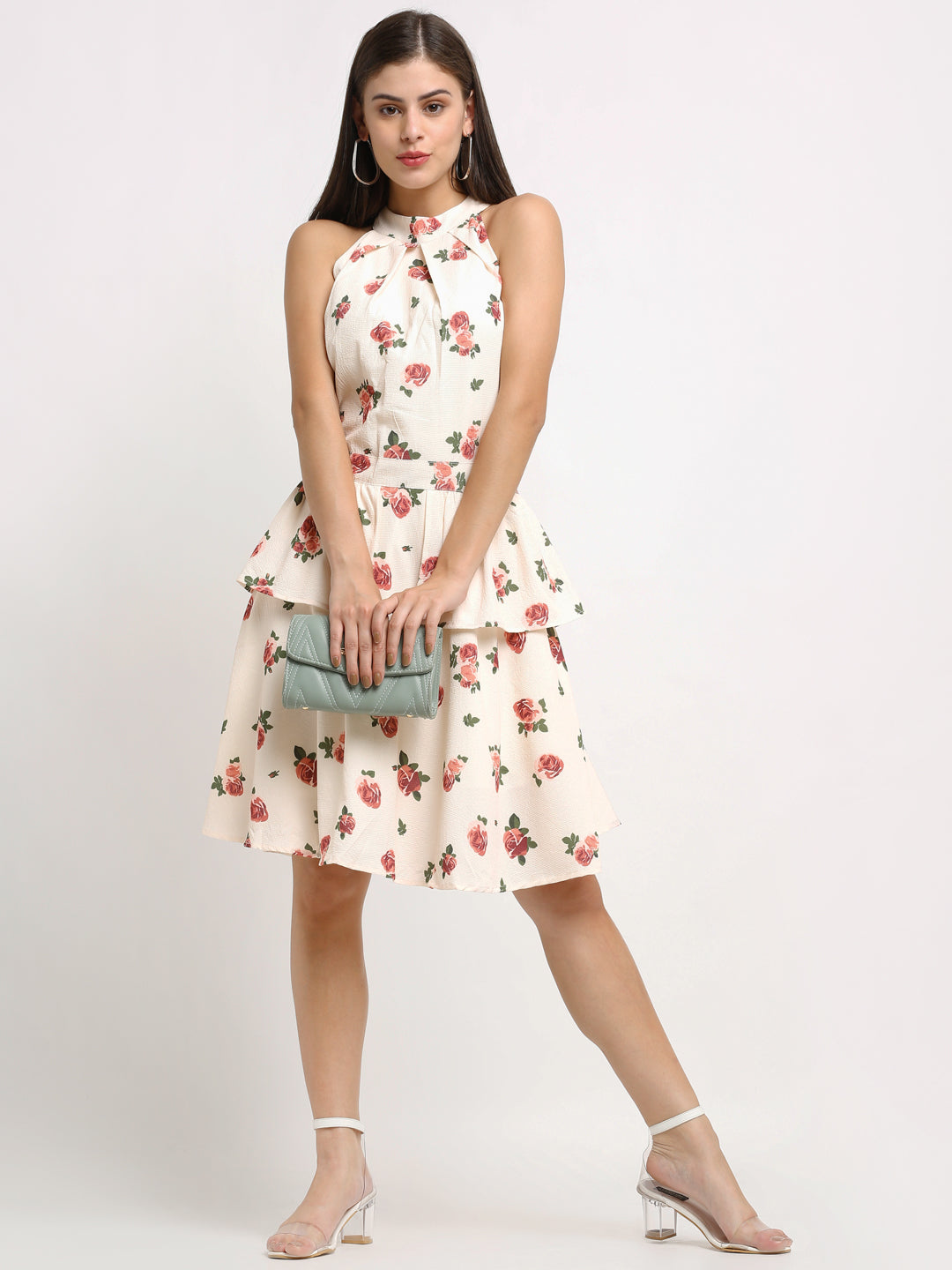 women halter neck floral printed layered white dress