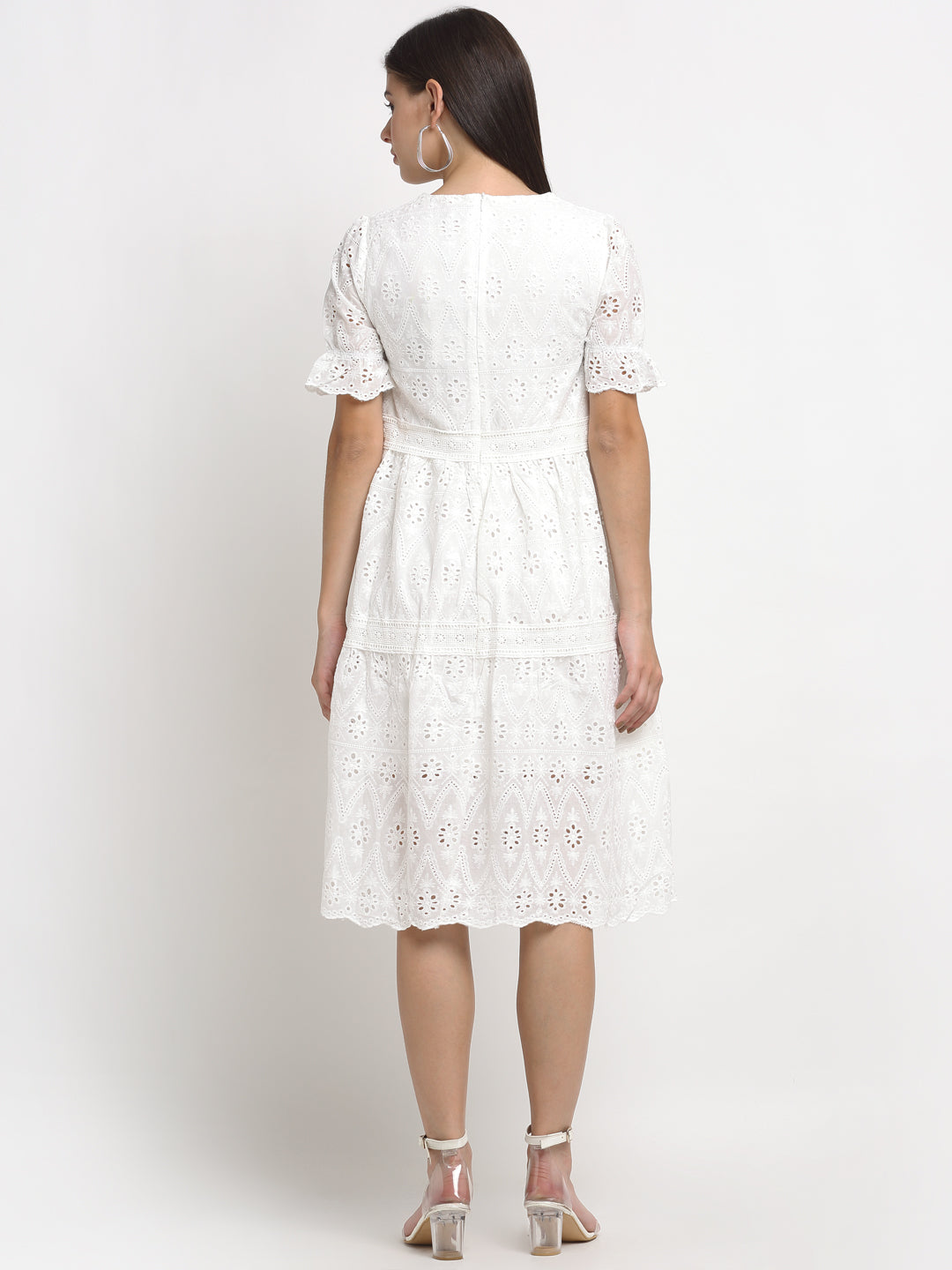 Women Knee Length White Cotton Schiffli Dress