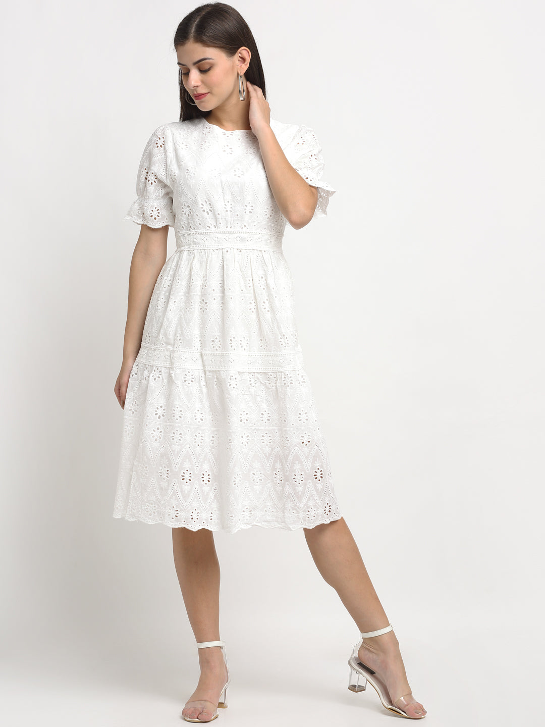 Women Knee Length White Cotton Schiffli Dress