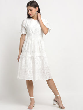 Women Knee Length White Cotton Schiffli Dress