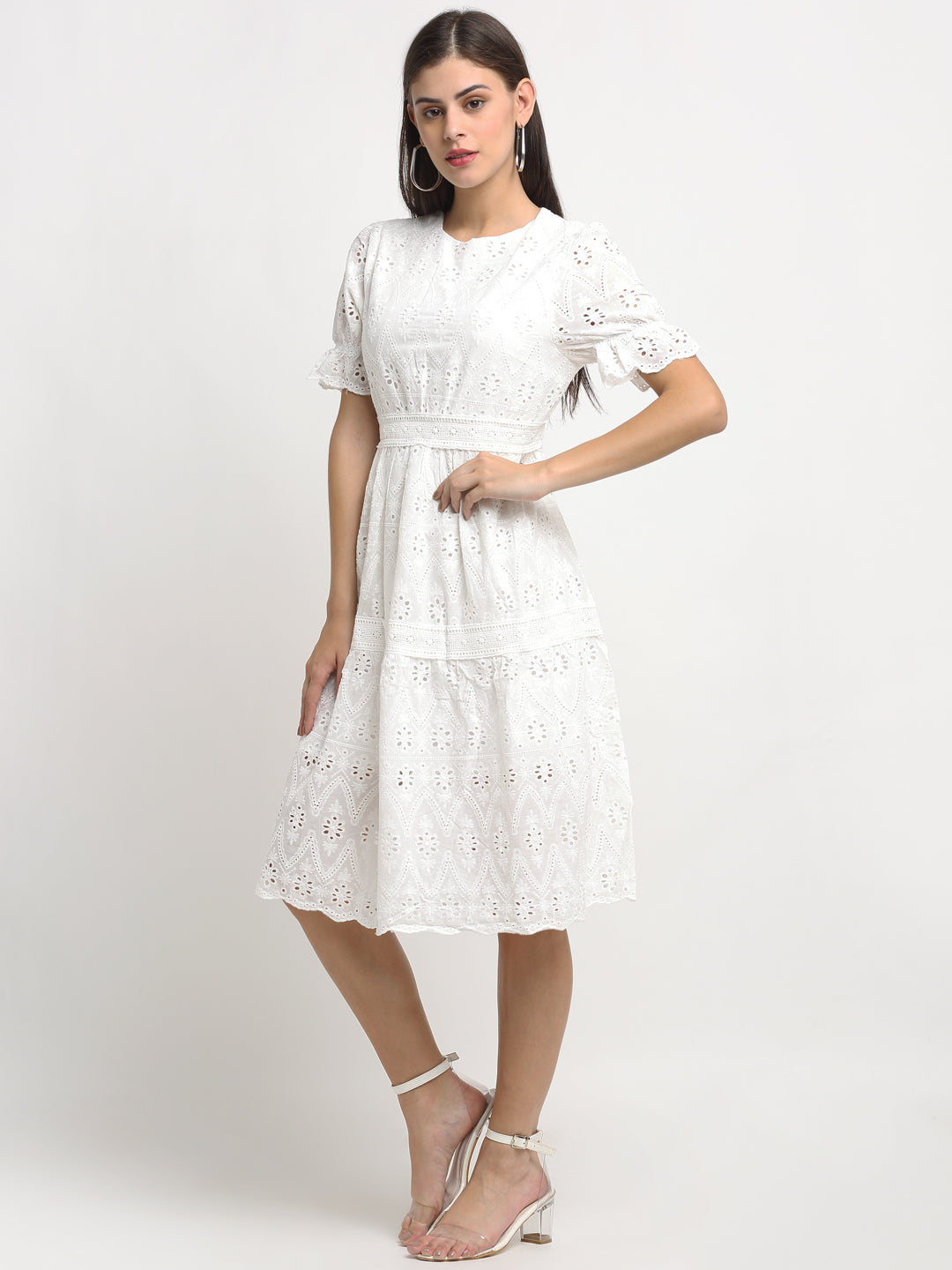 Women Knee Length White Cotton Schiffli Dress