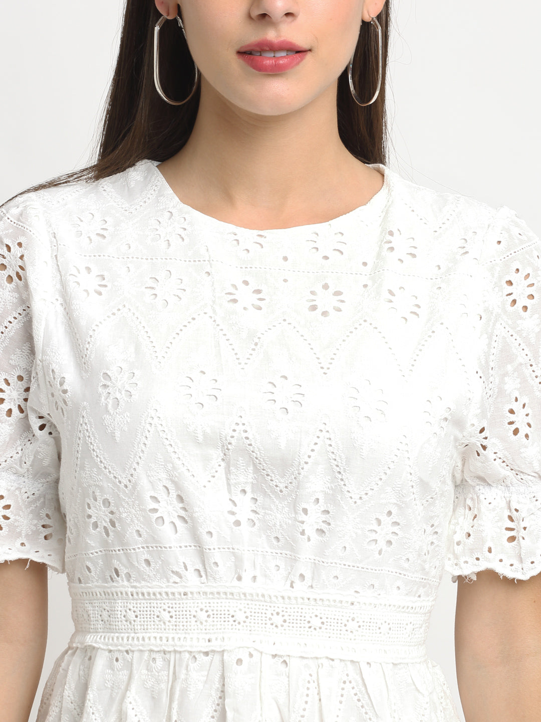 Women Knee Length White Cotton Schiffli Dress