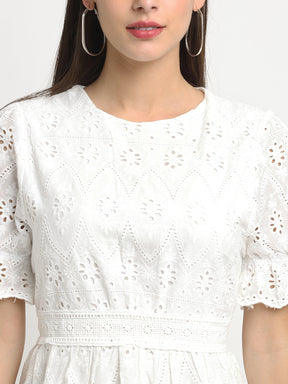 Women Knee Length White Cotton Schiffli Dress