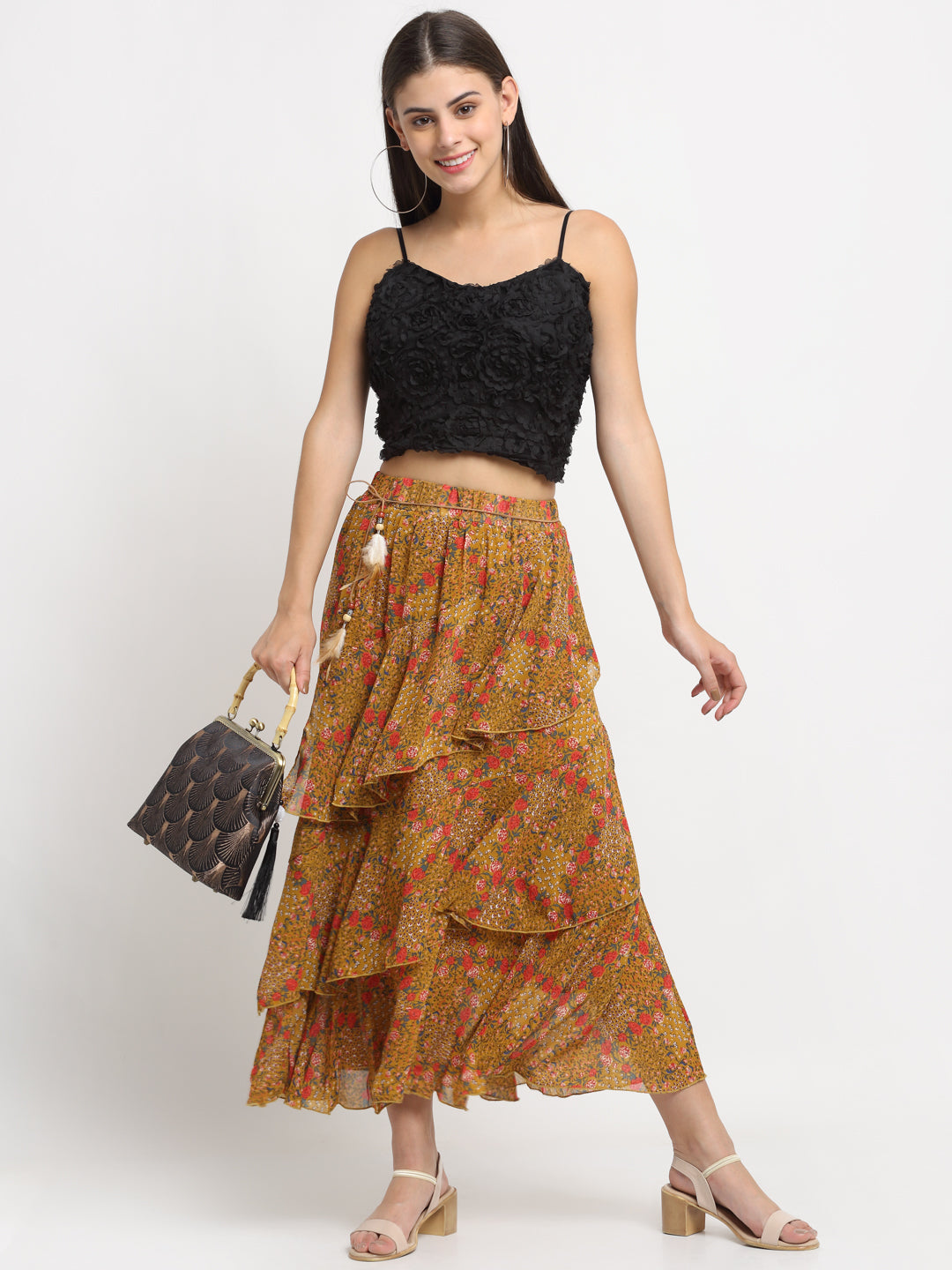 Brown Floral Chiffon Maxi Skirt - Global Republic