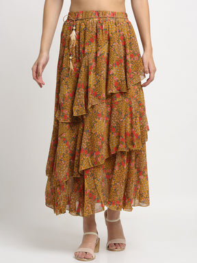 Women Brown Floral Printed Layered Maxi Skirt