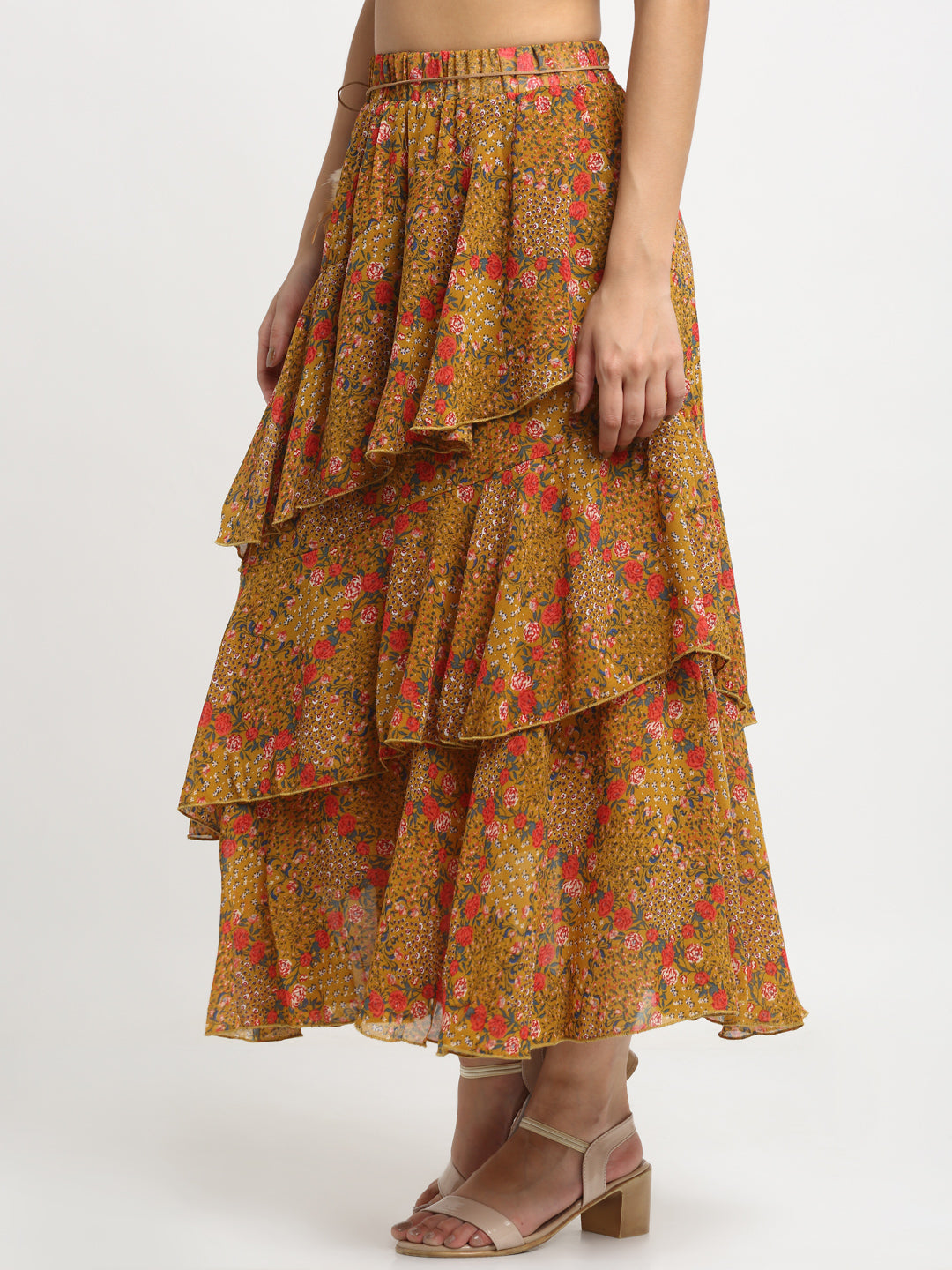 Women Brown Floral Printed Layered Maxi Skirt