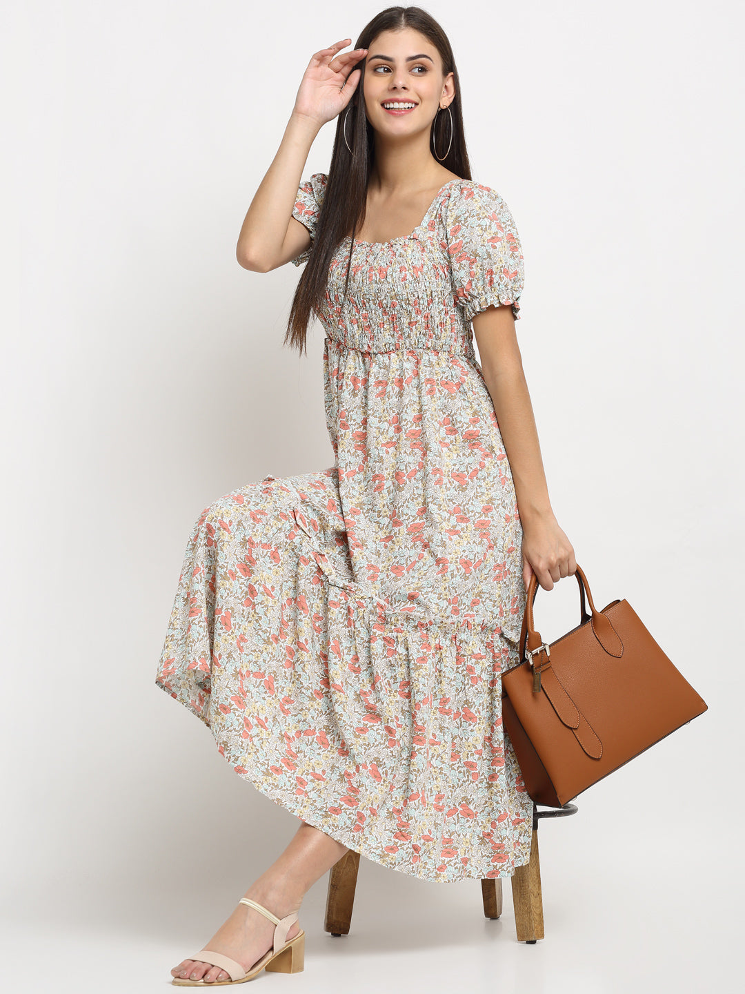 women floral print maxi fit grey flared dress