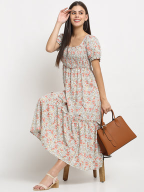 women floral print maxi fit grey flared dress