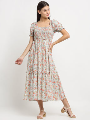 women floral print maxi fit grey flared dress
