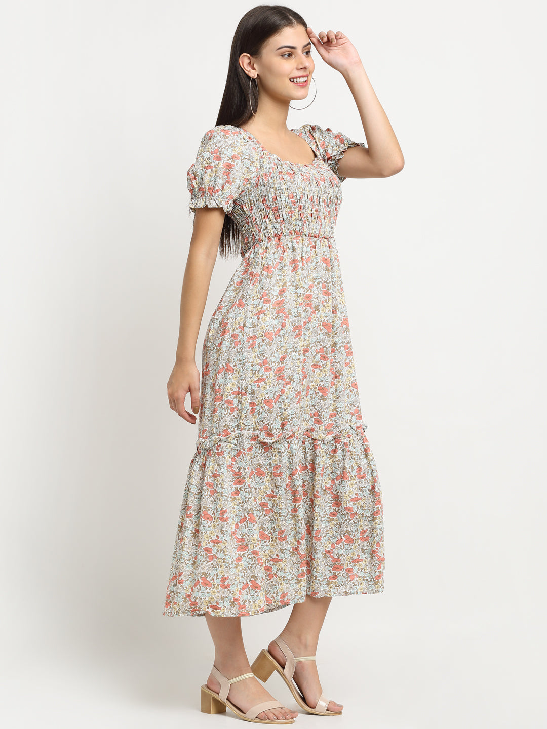 women floral print maxi fit grey flared dress
