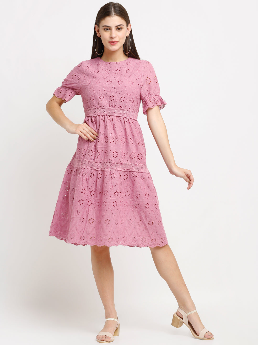 Women Pink Schiffli Dress - Global Republic