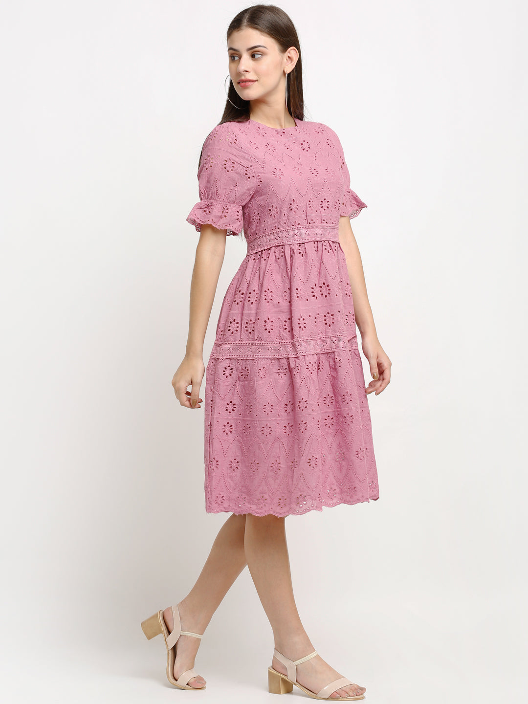 Women Pink Schiffli Dress - Global Republic