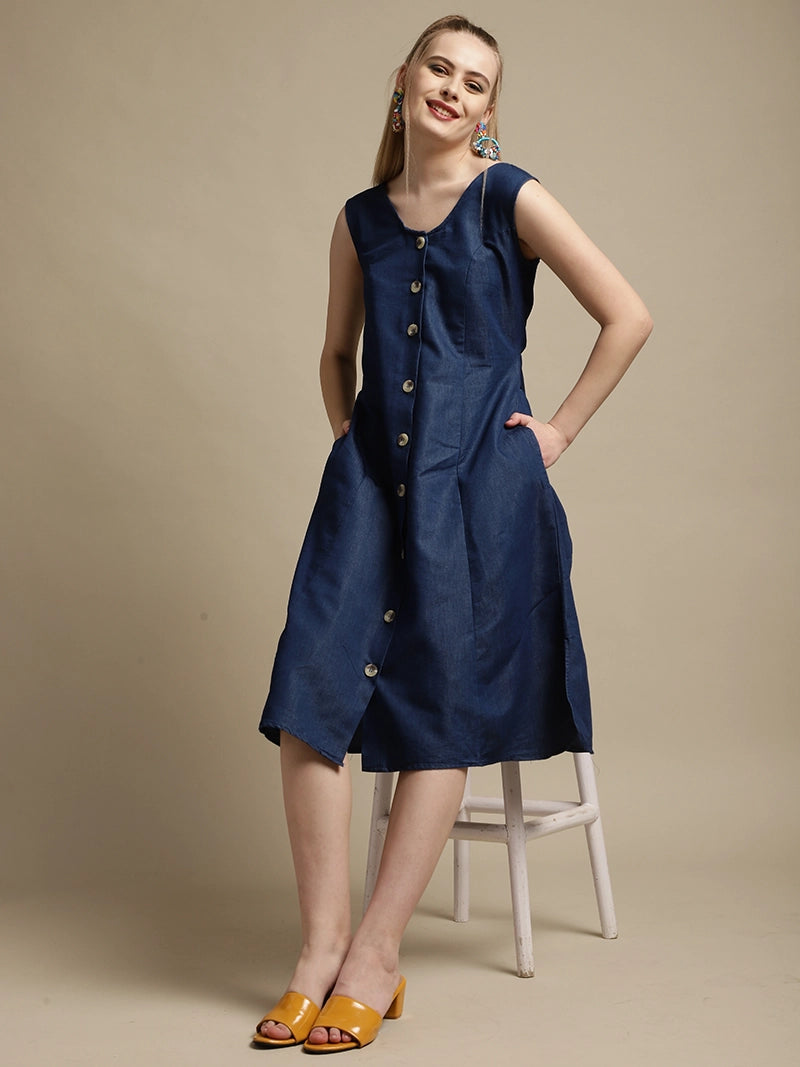 women dark blue denim a line dress