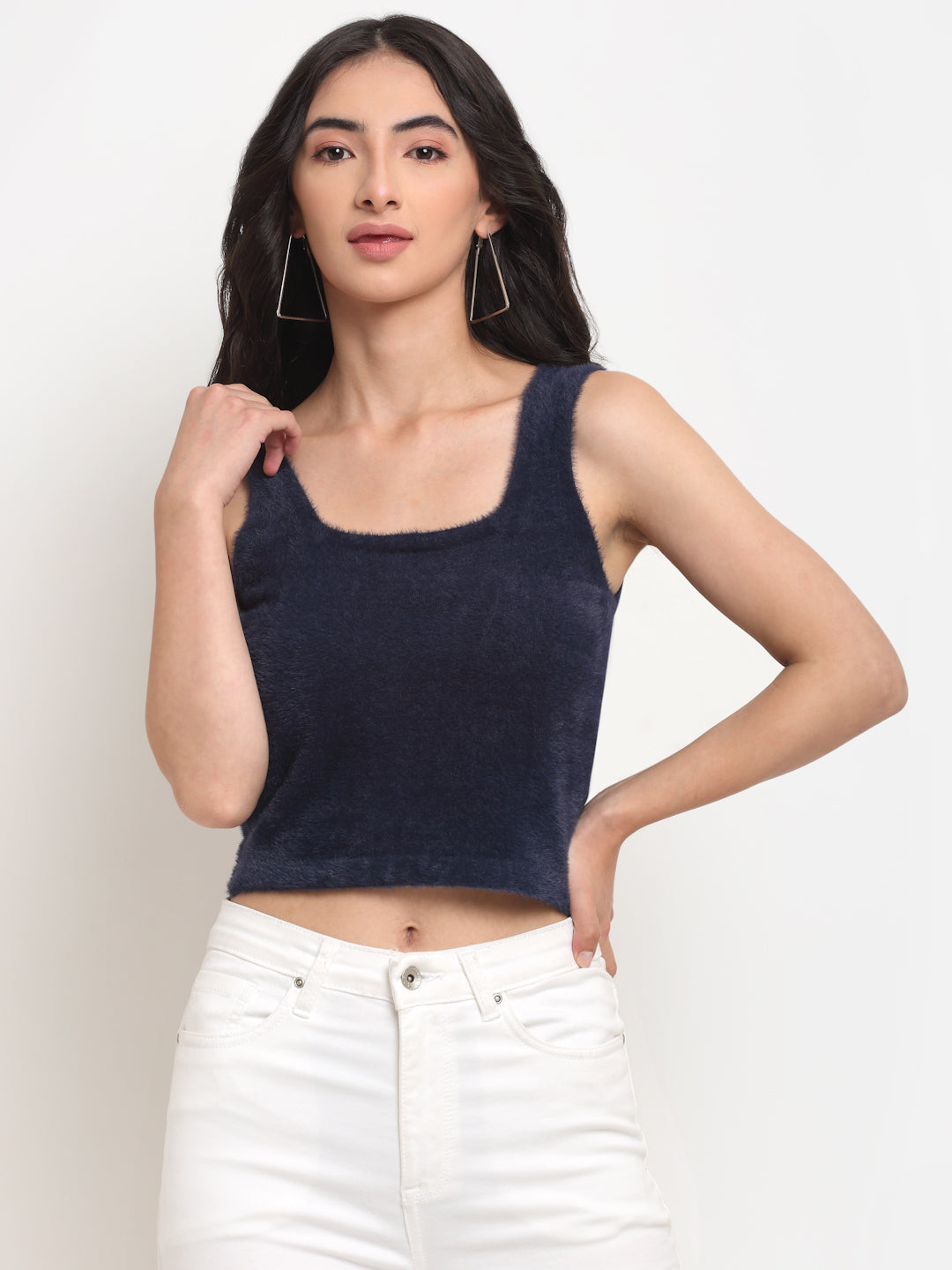Blue Cotton Blend Cropped Pullover - Global Republic