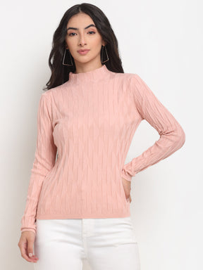 Women Pink High Neck Knitted Solid Skeevi