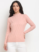 Women Pink High Neck Knitted Solid Skeevi