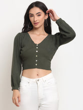 Women Green V-Neck Knit Solid Pullover