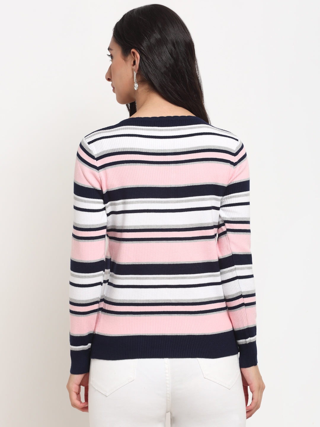 Women Pink Round Neck Regular Fit Striped Pullover - Global Republic