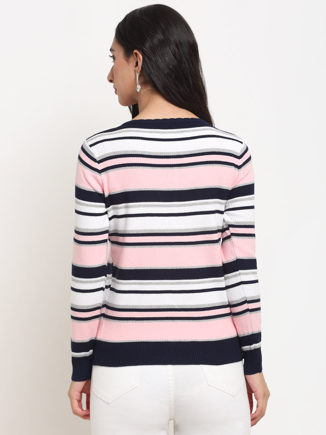 Women Pink Round Neck Striped Pullover