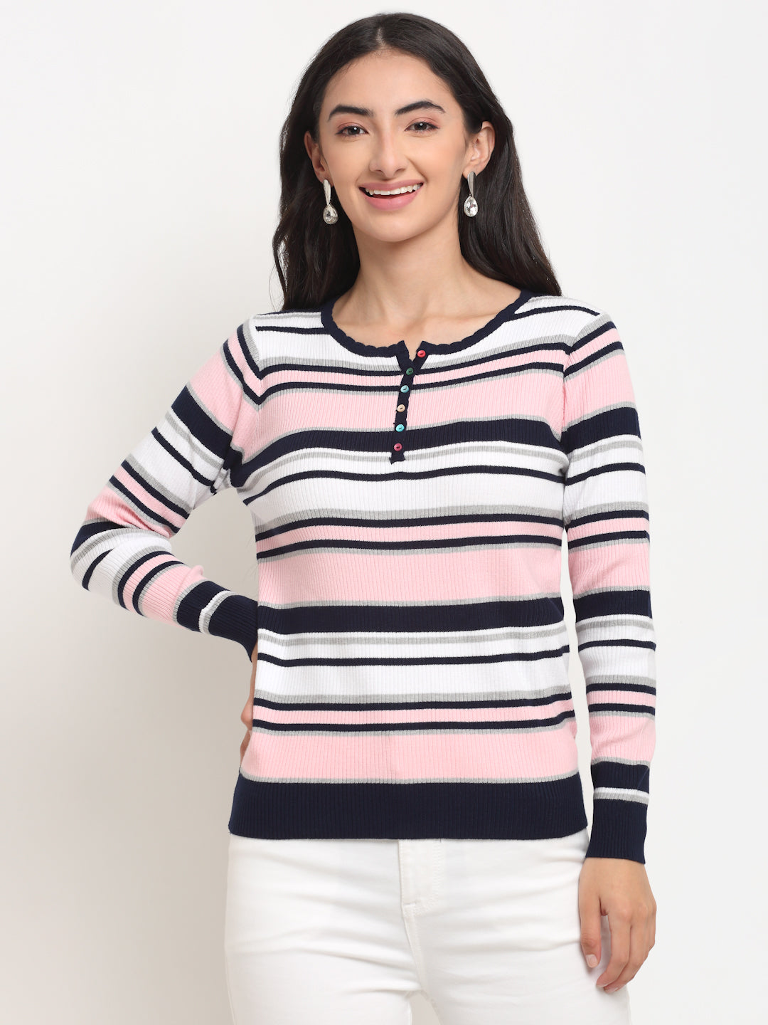 Women Pink Round Neck Regular Fit Striped Pullover - Global Republic