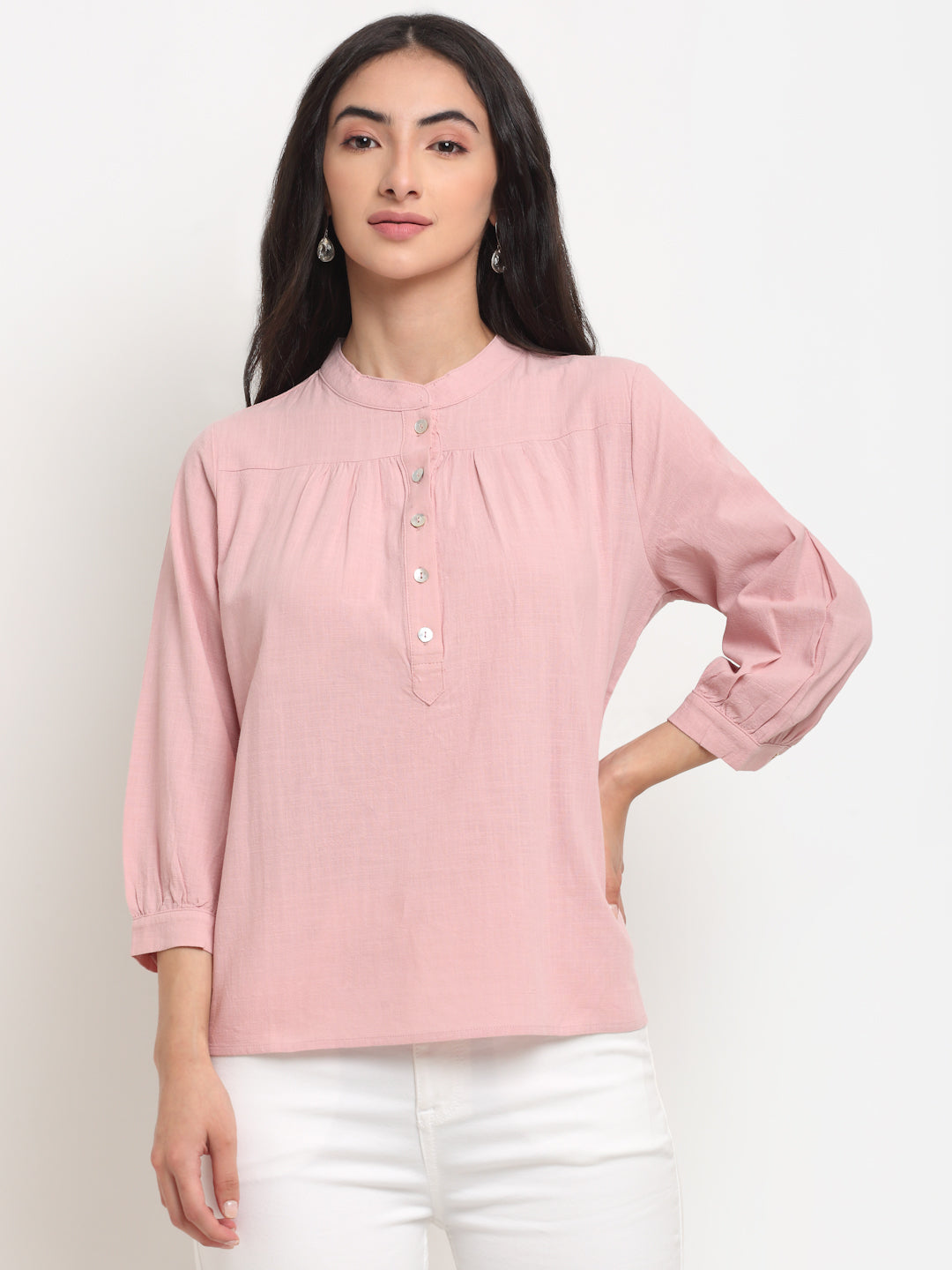 Women Mandarin Collar Pink Cotton Top