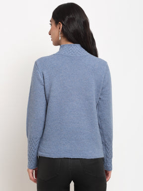 Women Blue Solid Full Sleeve High Neck Knitted Regular fit Pullover