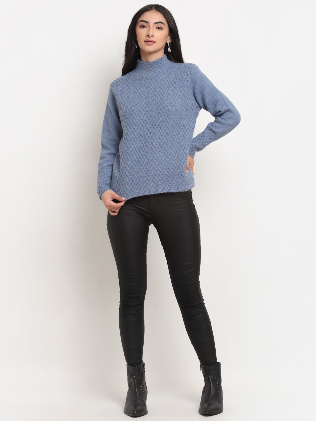 Women Blue Solid Full Sleeve High Neck Knitted Regular fit Pullover