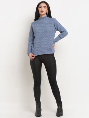 Women Blue High Neck Regular Fit Pullover