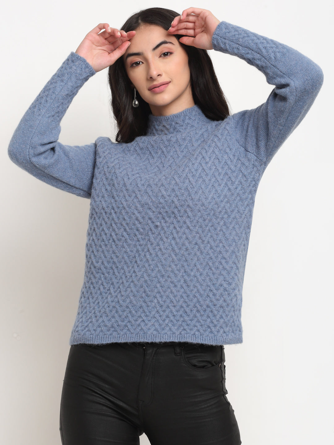 Women Blue Solid Full Sleeve High Neck Knitted Regular fit Pullover