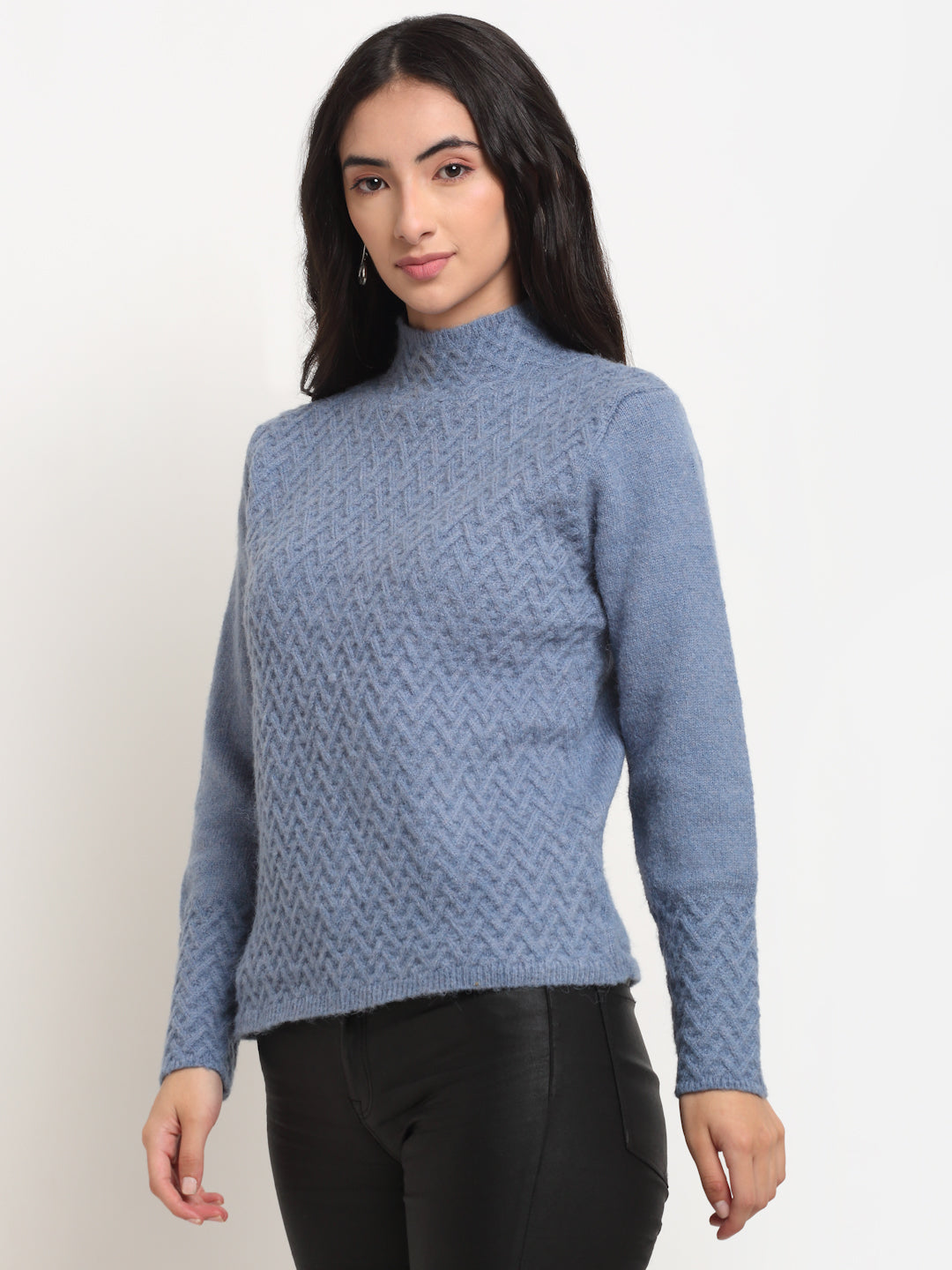 Women Blue Solid Full Sleeve High Neck Knitted Regular fit Pullover