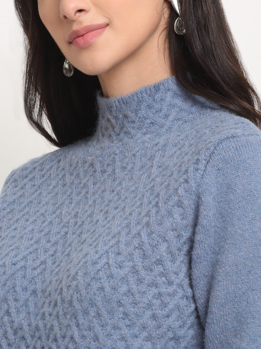 Women Blue Solid Full Sleeve High Neck Knitted Regular fit Pullover