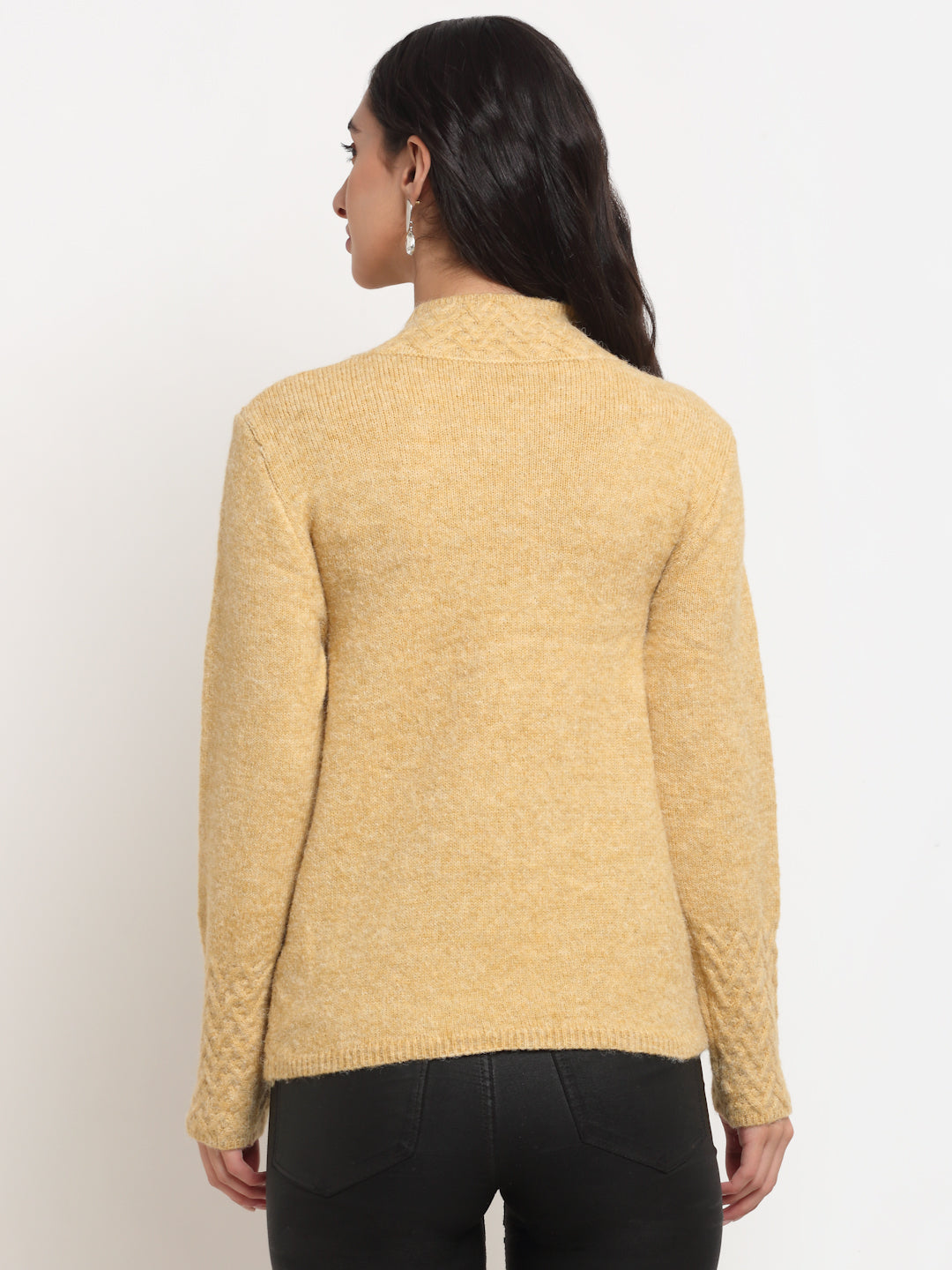 Women Beige High Neck Solid Pullover