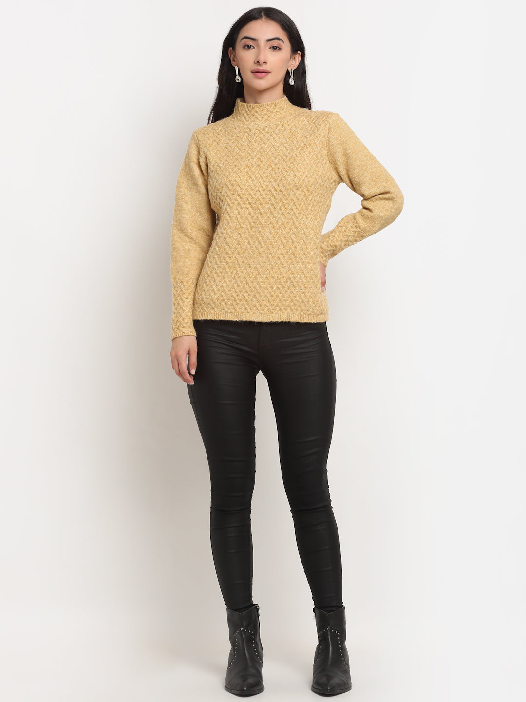 Women Beige High Neck Solid Pullover