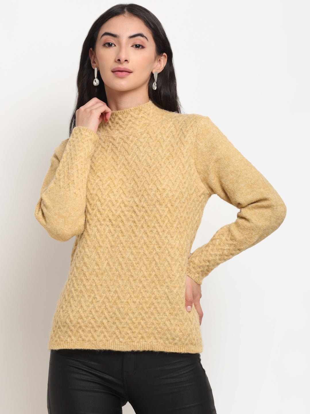 Women Beige High Neck Solid Pullover