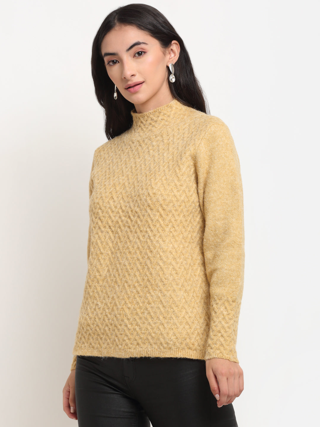 Women Beige High Neck Solid Pullover