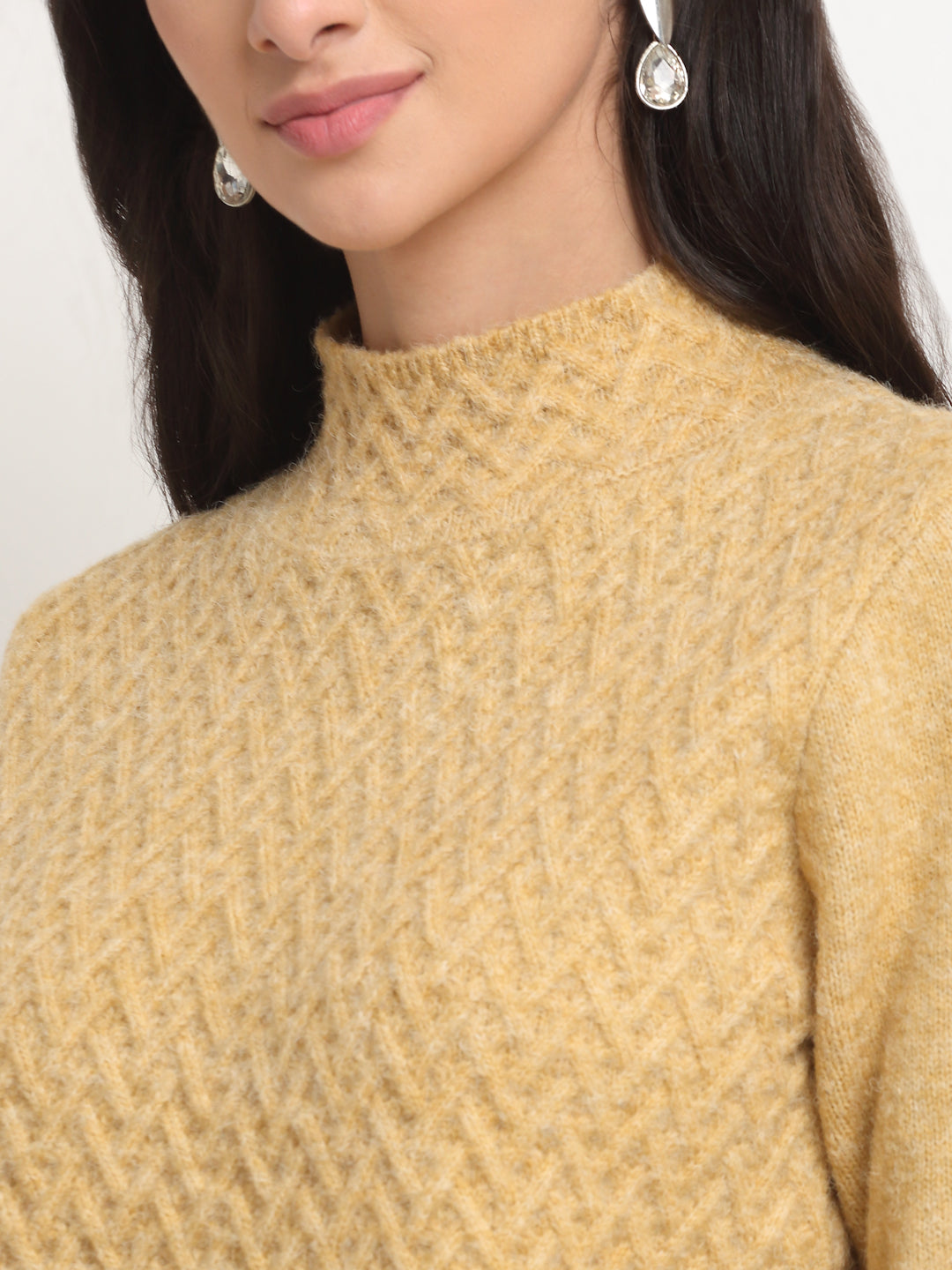 Women Beige High Neck Solid Pullover