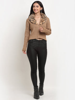 Women Brown Solid Cardigan With Cowl Neck