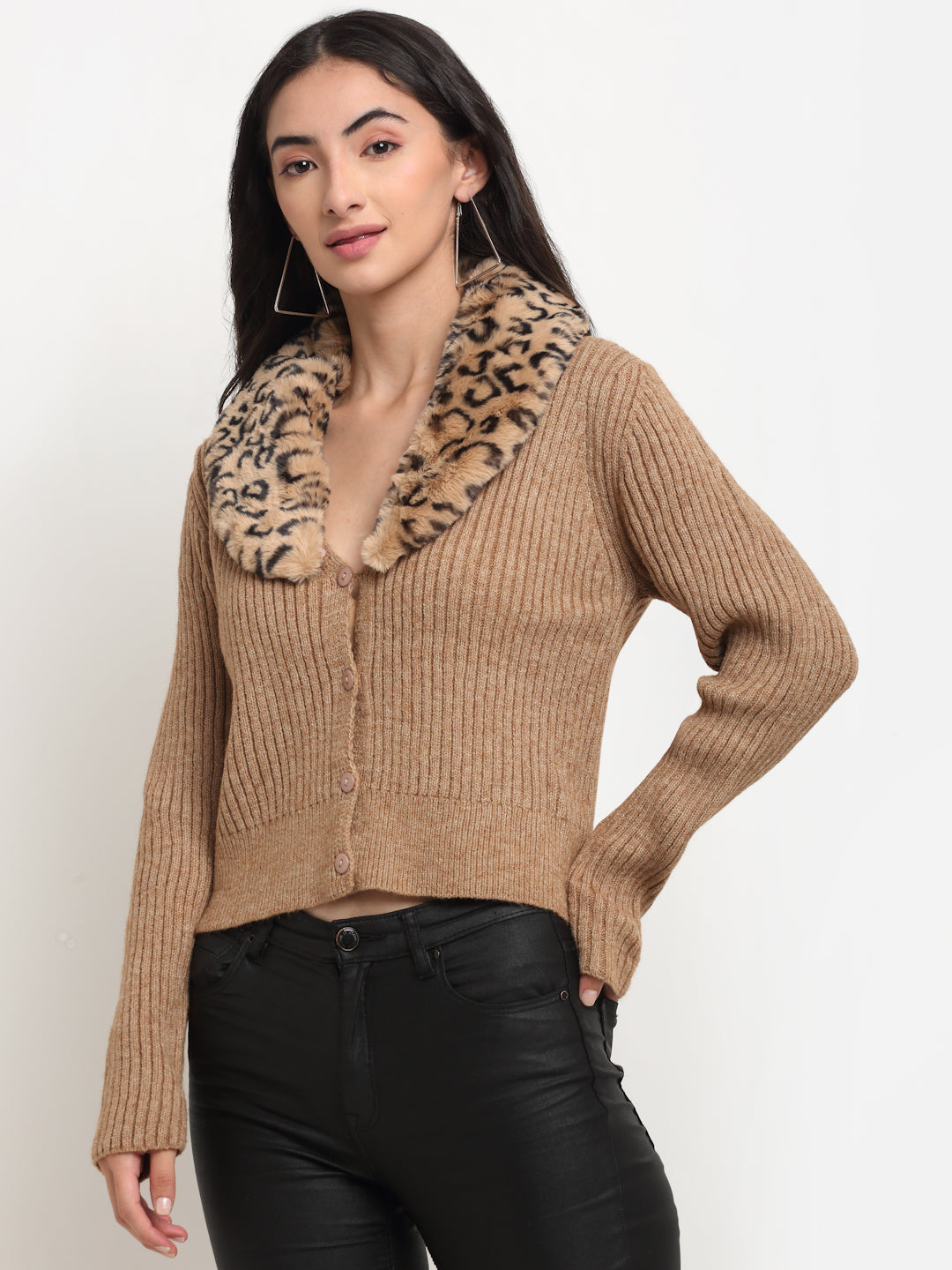 Buy Online Brown Cowl Neck Solid Cardigan