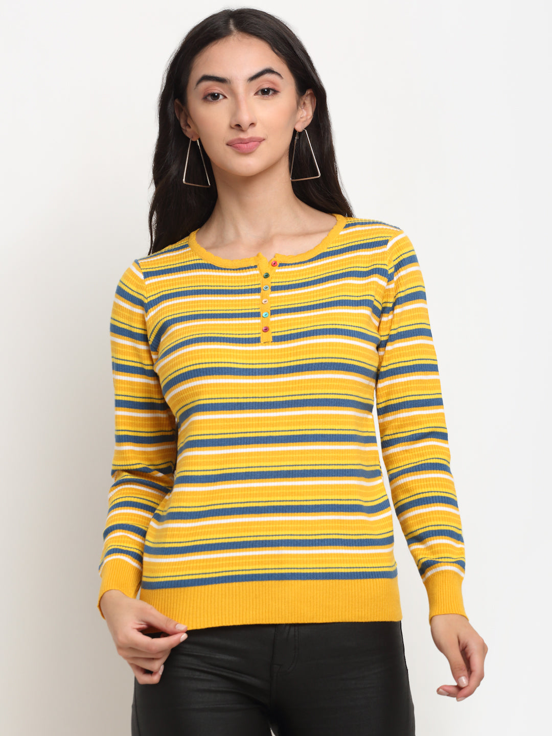 Women Mustard Round Neck Striped Pullover